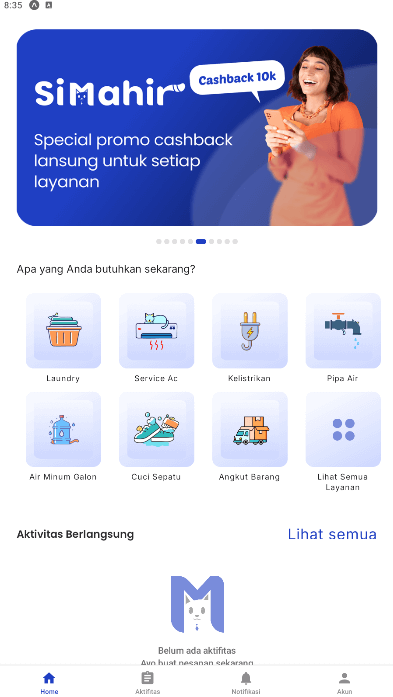 Halaman beranda dengan daftar layanan