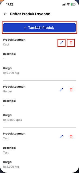 Halaman Daftar Produk Layanan
